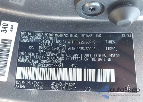 2024 Toyota Sienna Xle из США, поврежденный, VIN 5TDJRKEC0RS188781